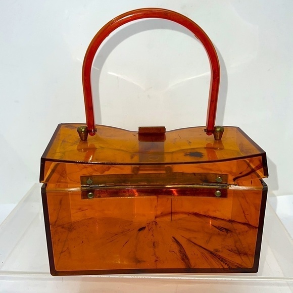 Vintage 1950’s Oval Caramel Lucite Box Handbag Purse - Picture 2 of 13